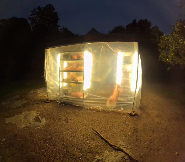 AwithA Body Shop installation at night, Lapinlahti Film Festival, Helsinki, 2026.